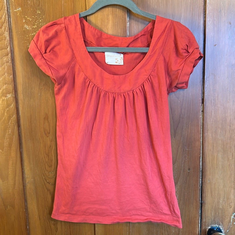 Anthropologie Red Puff Sleeve Ruched Blouse
